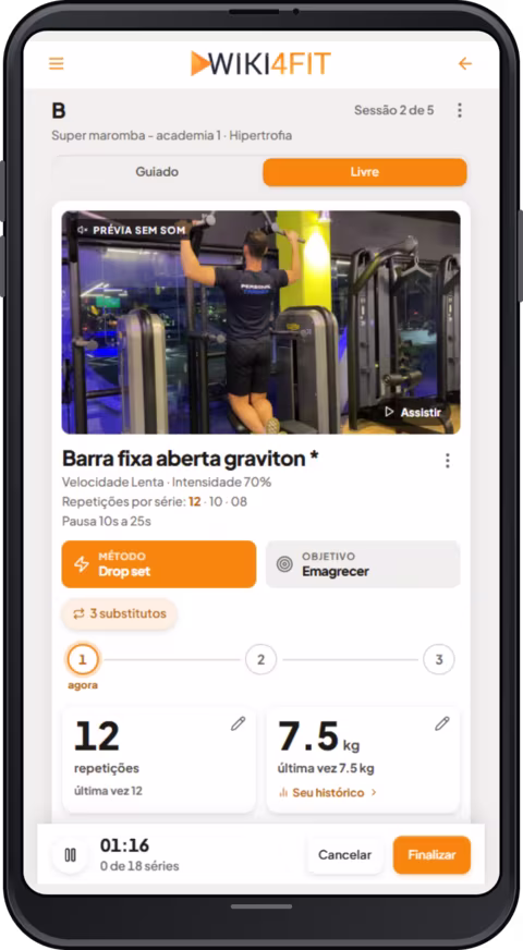 Treino em execução no app